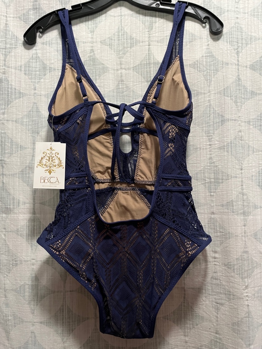 BECCA Navy Geometric Lace One-Piece Swimsuit - Picture 3 of 4